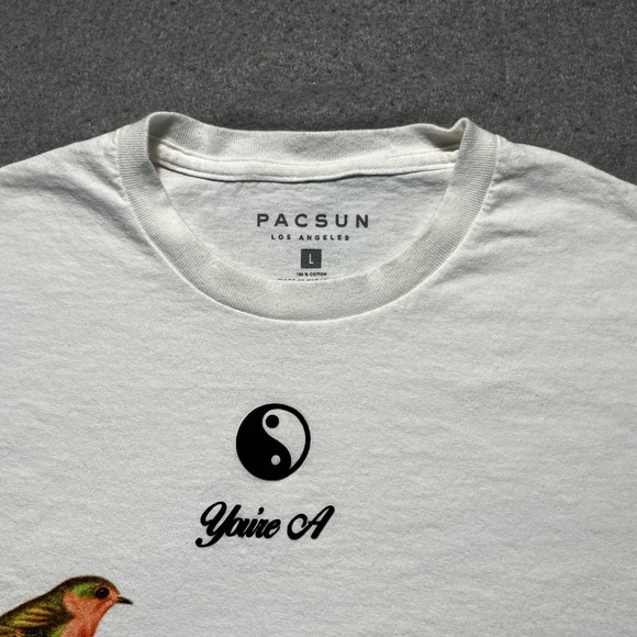 PacSun Natural T-Shirt Men’s Large White Cotton Graphic Bird Flowers - Picture 3 of 5